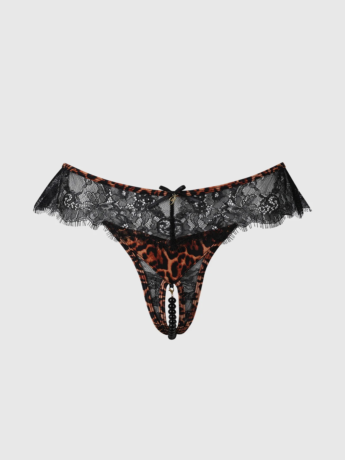 Raven Leopard And Lace Crotchless Pearl Thong