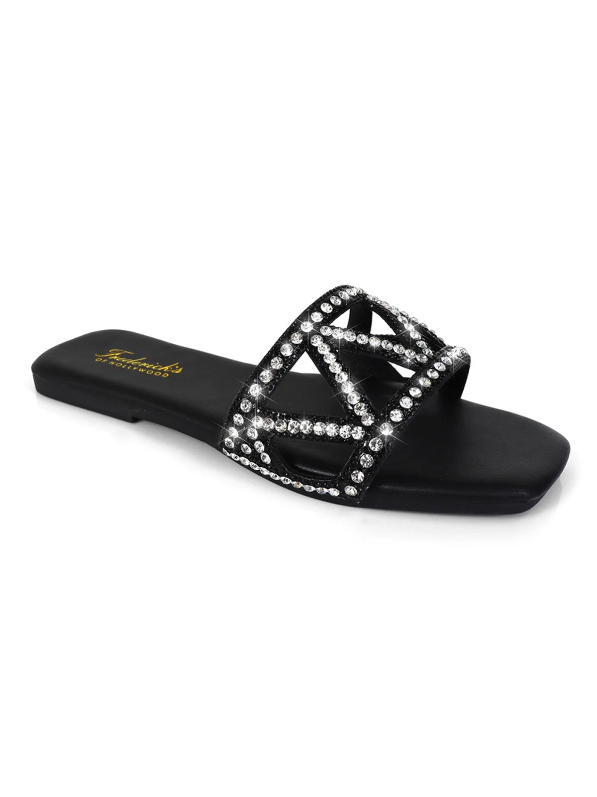 Lucy Rhinestone Flat Sandal in Black with Square Toe