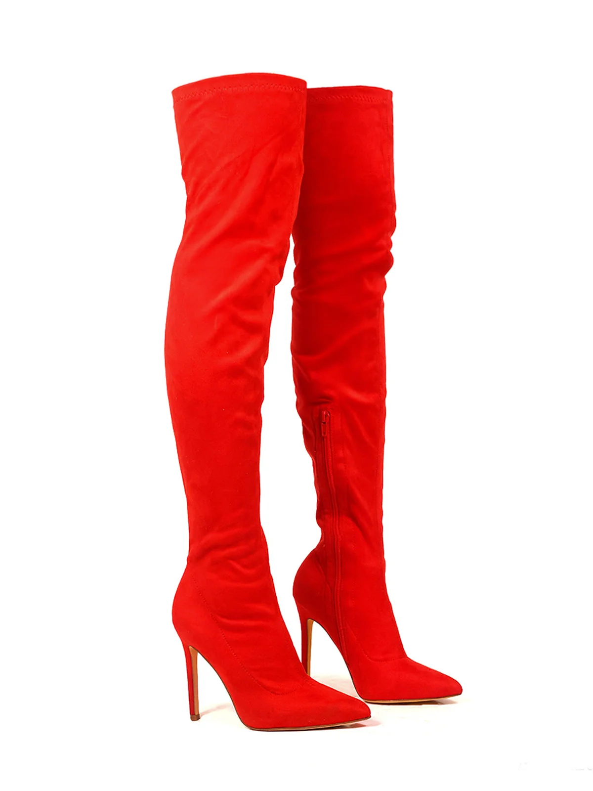 Gisele Stretchy Over-the-Knee Heeled Boots in Red