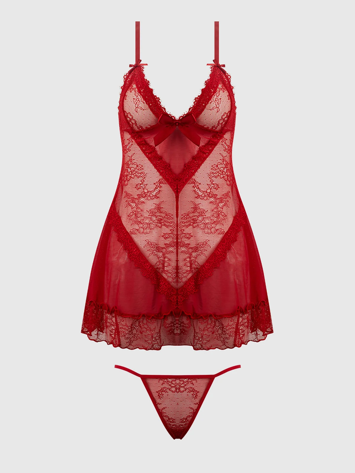 Chiara Lace & Mesh Babydoll Set in Crimson Red