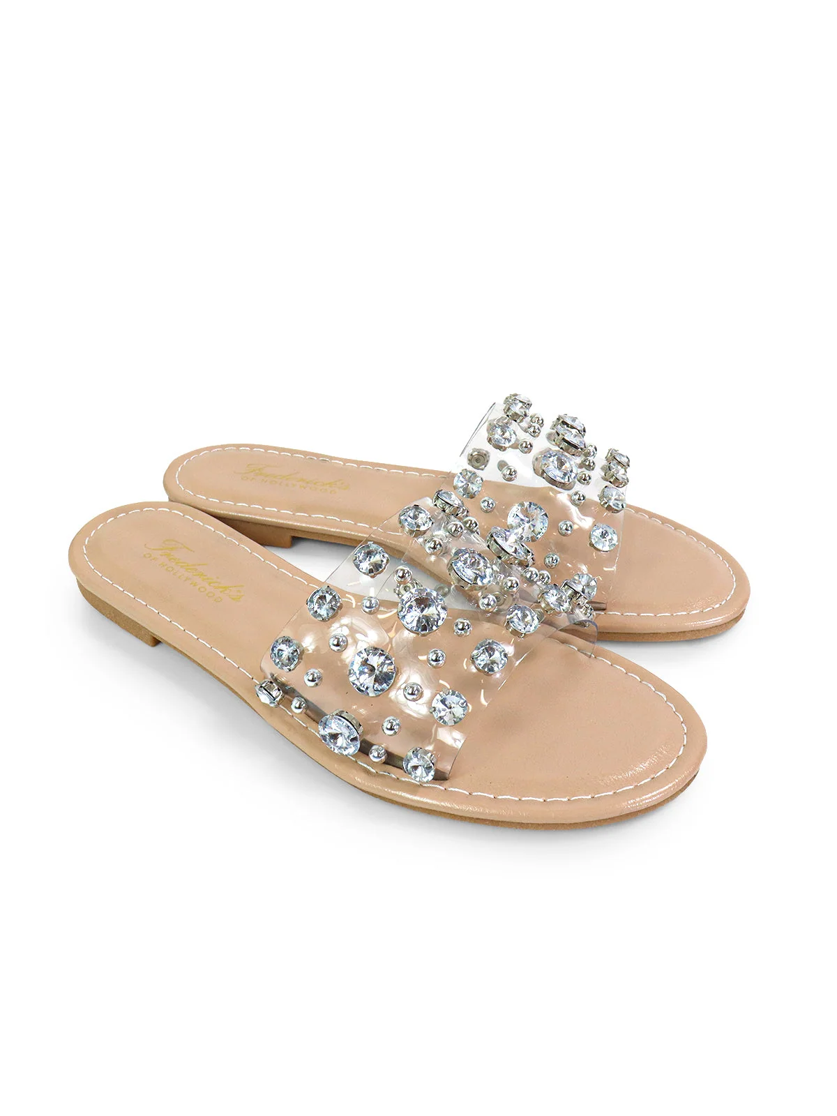 Clarissa Rhinestone Flat Sandal in Nude by Frederick's of Hollywood