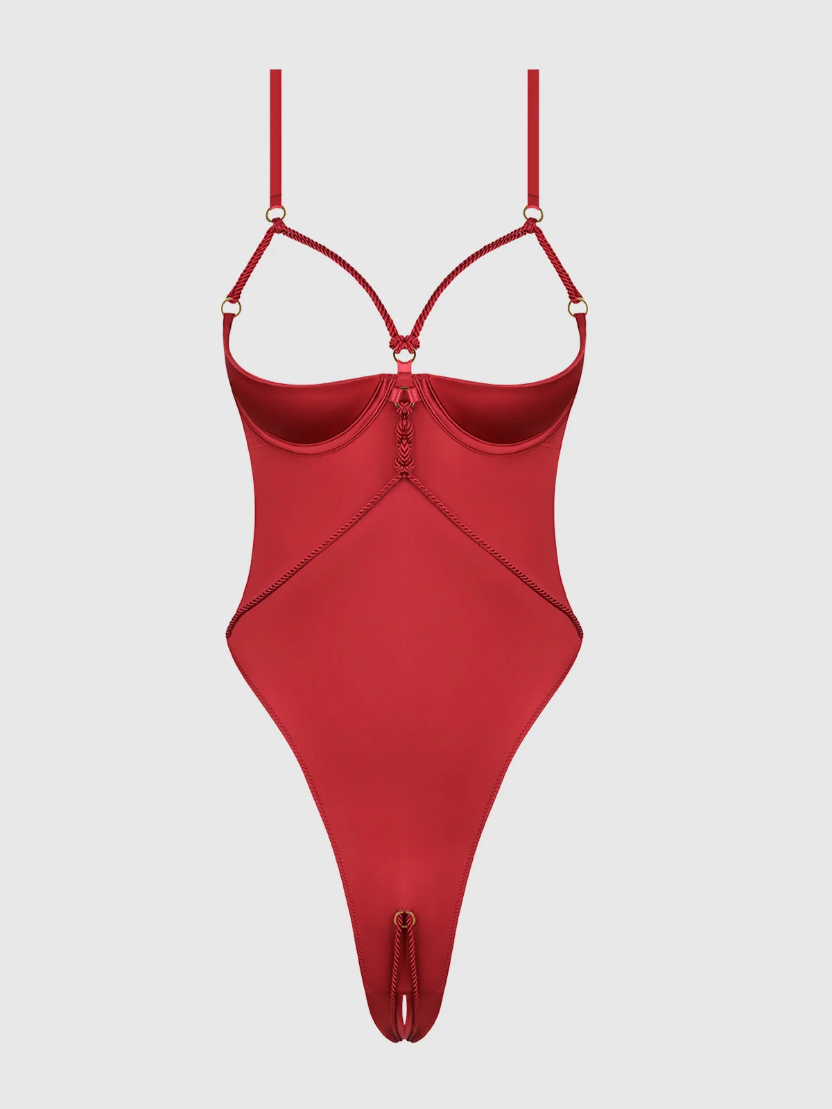 Nadya Liquid Satin & Rope Crotchless Teddy in Crimson Red
