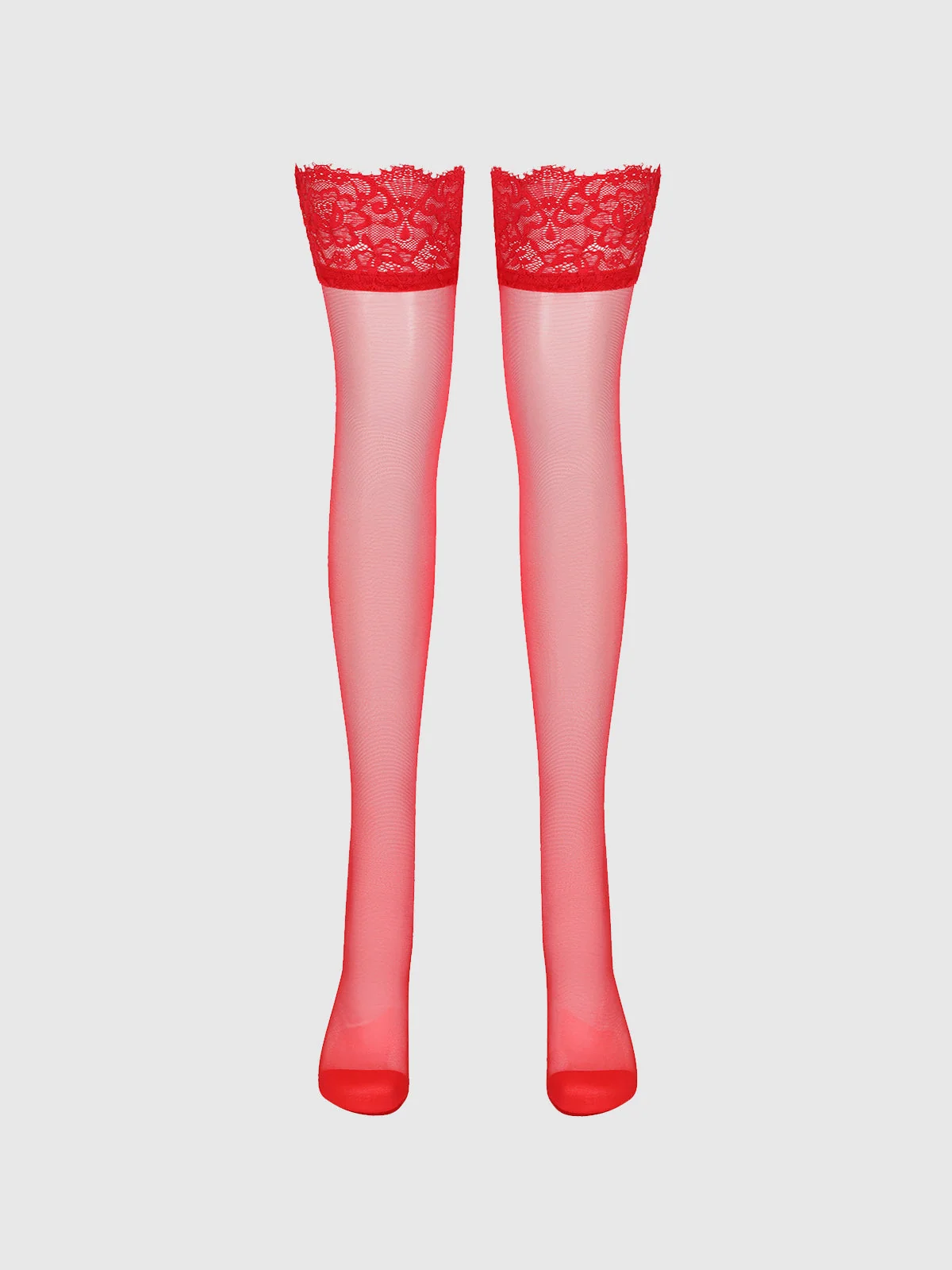 Glossy Sheer Tall Lace Top Thigh Highs in Jester Red