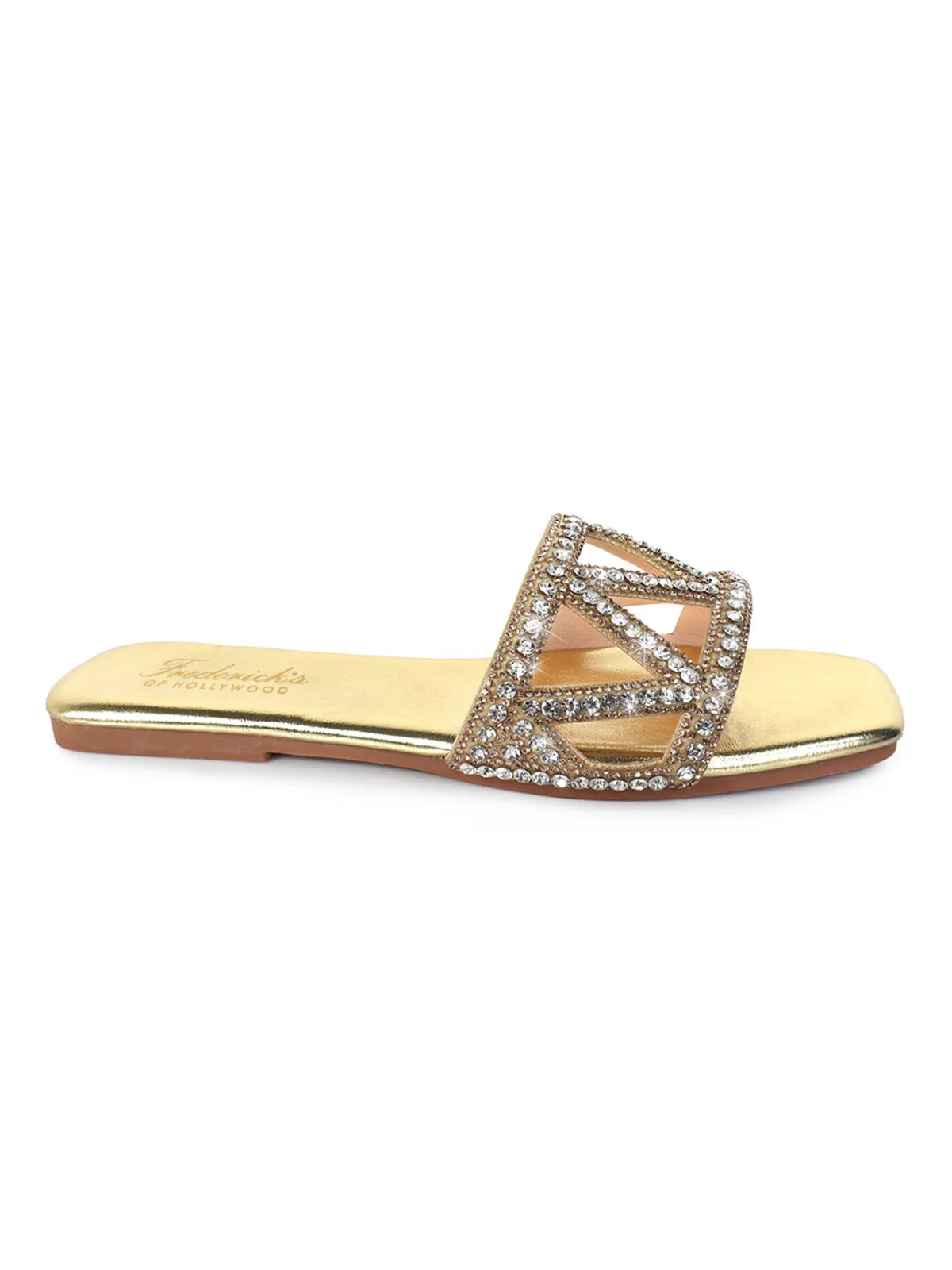 Lucy Rhinestone Flat Sandal in Gold with Square Toe