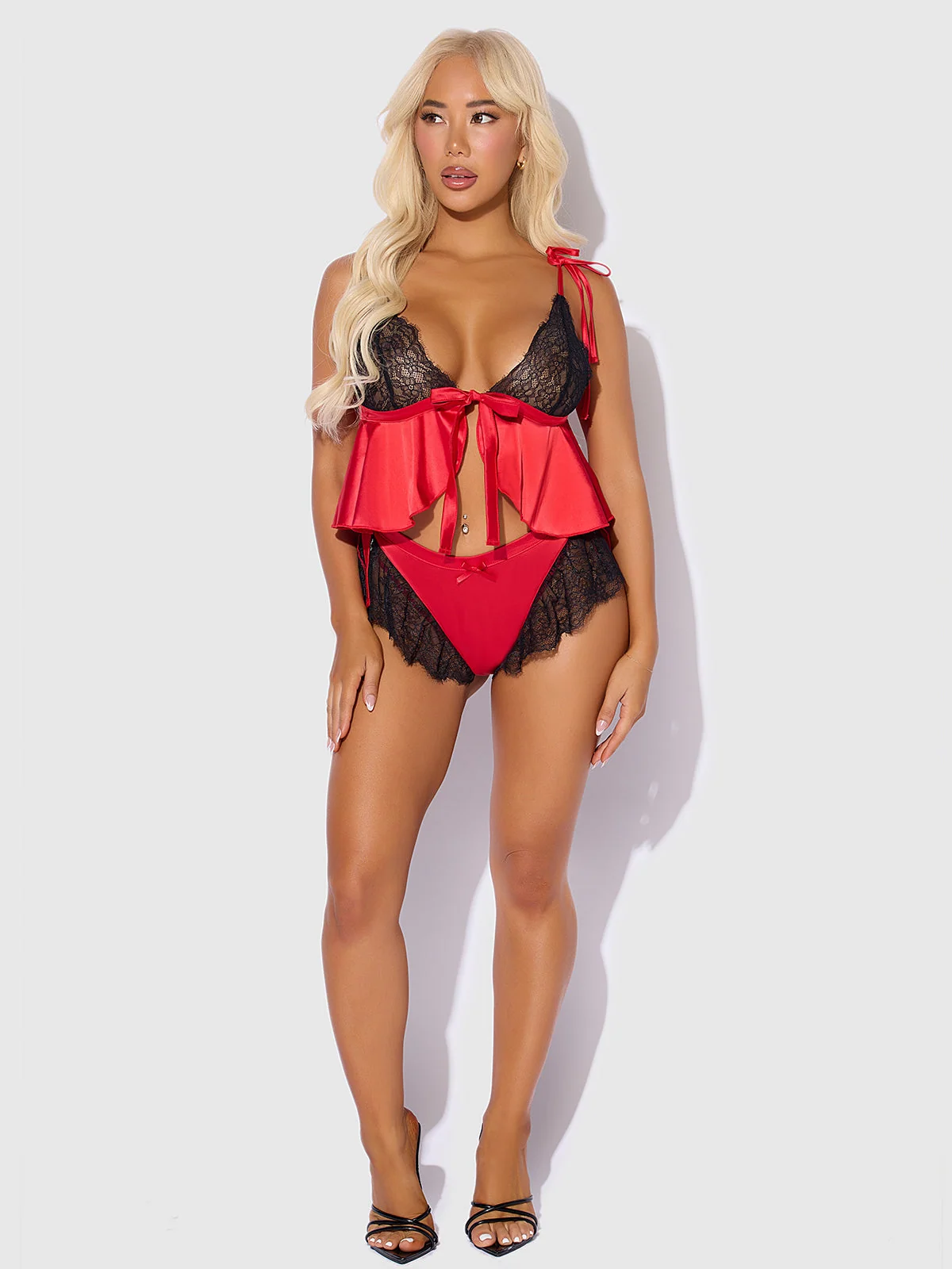 Scarlett Satin Sleep Tie Cami and Shorty Set in Crimson Red and Black