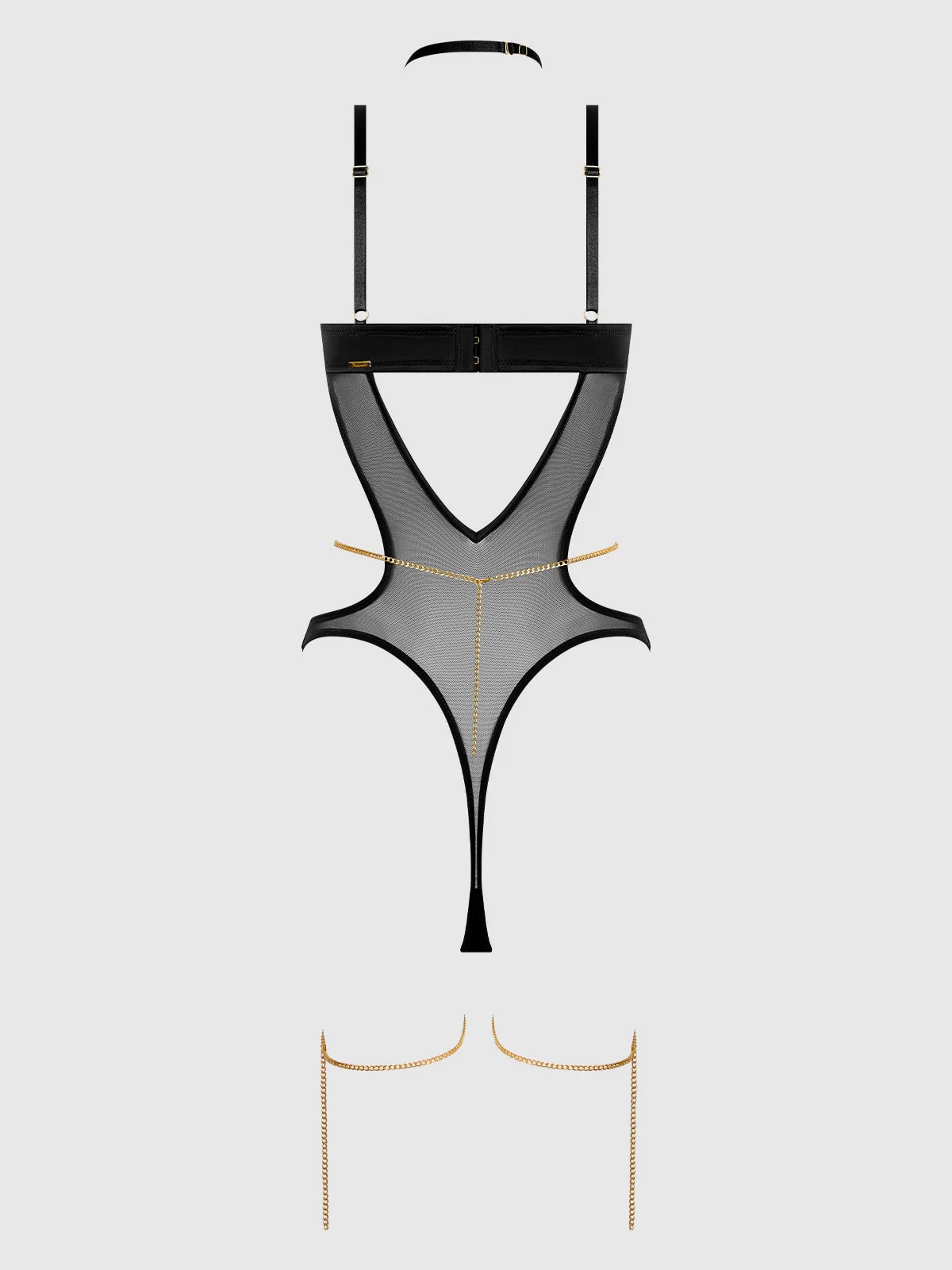 Emery Liquid Satin and Chain Halter Teddy in Black