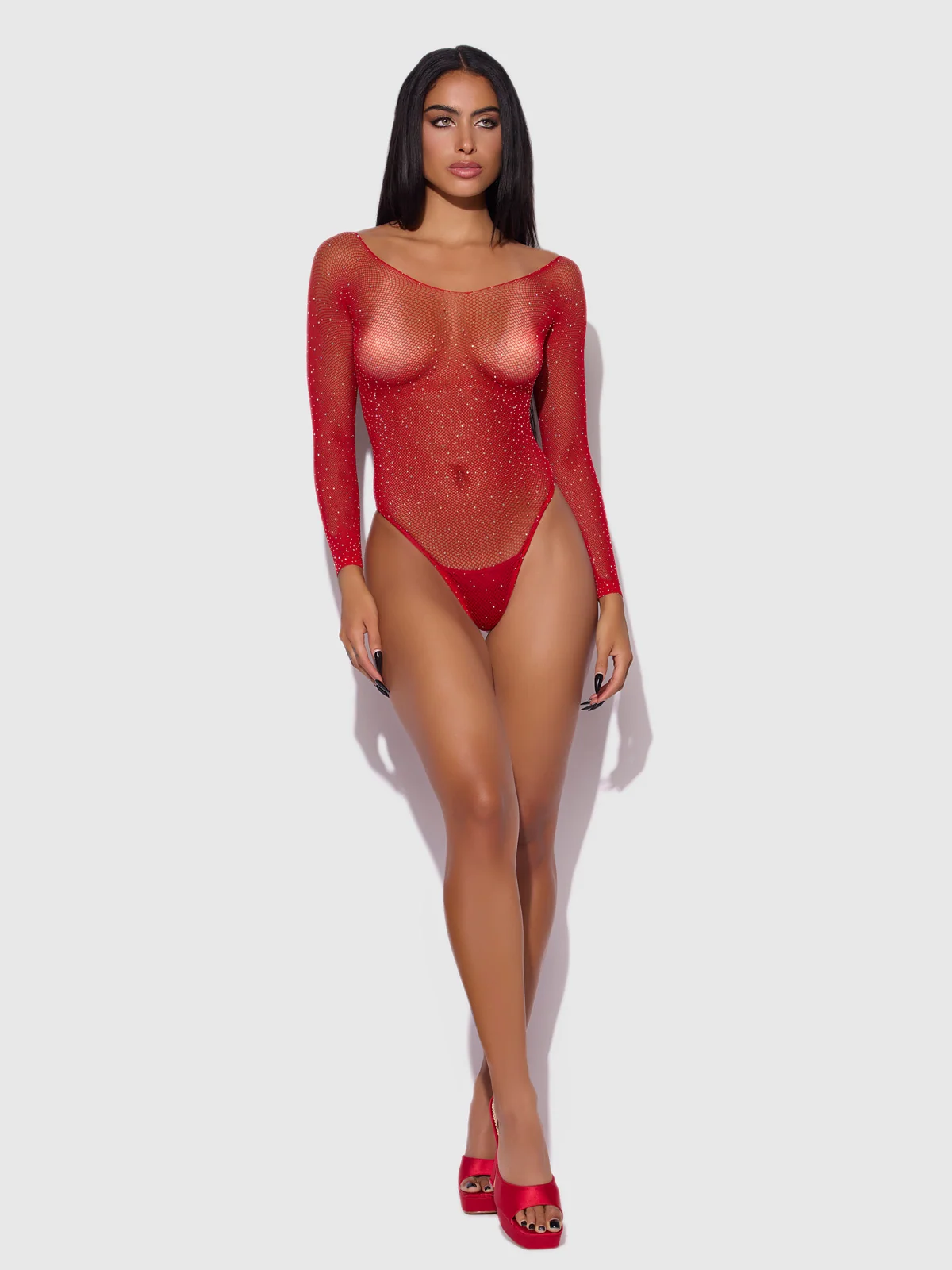 Fine Fishnet & Rhinestone Long Sleeve Teddy Bodystocking