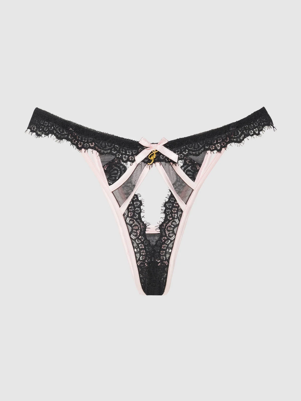 Rosalind Satin and Lace Trim High-Waist Tanga in Black and Light Pink