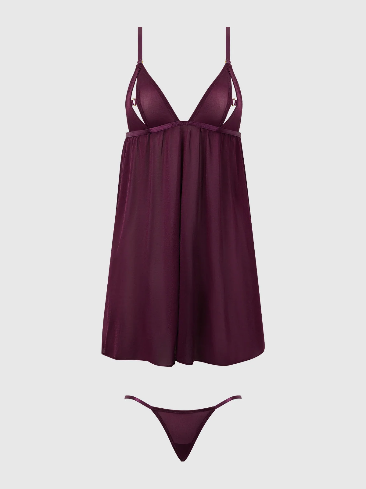 Pia Shine Mesh O-Ring Open Cup Babydoll Set in Plum
