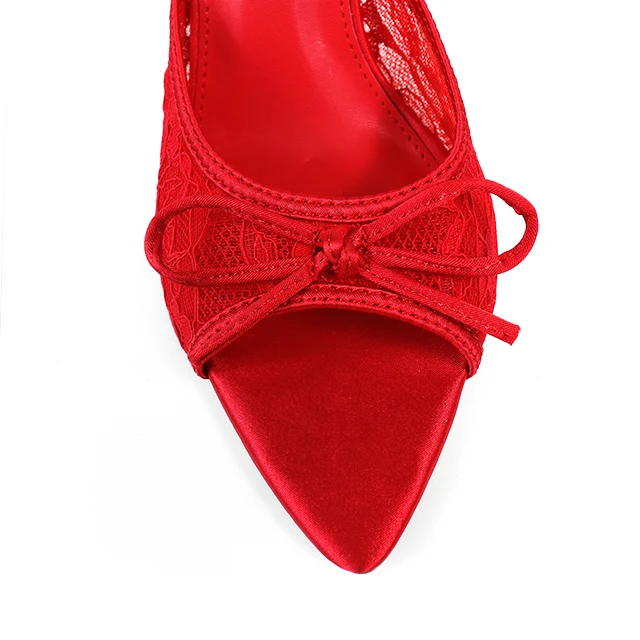 Lacey Pointed Toe Lace Bow Heels in Red