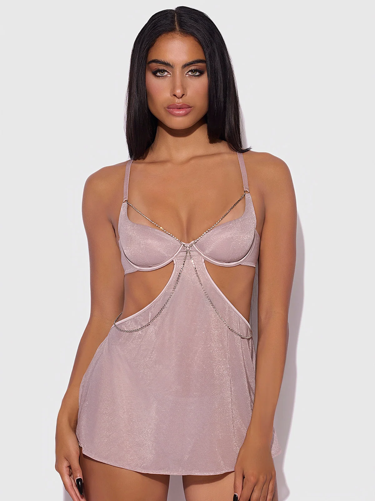 Pia Shine Mesh Babydoll Set with Rhinestone Side Cutouts