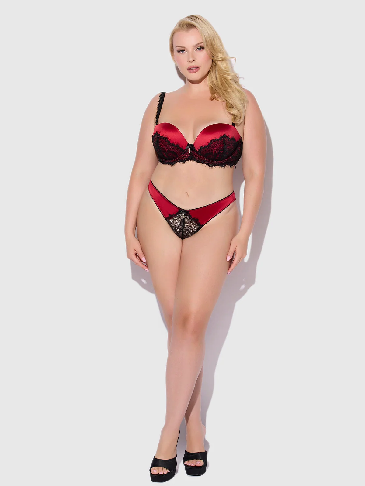 Lexi Lace Liquid Satin Open Back Hipster in Crimson Red Black