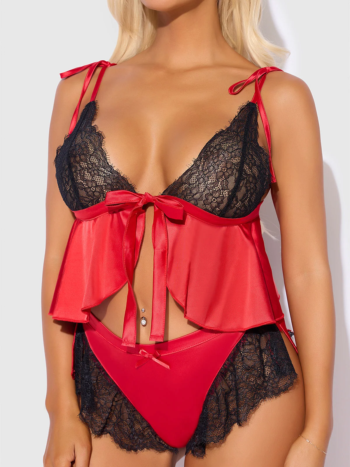 Scarlett Satin Sleep Tie Cami and Shorty Set in Crimson Red and Black