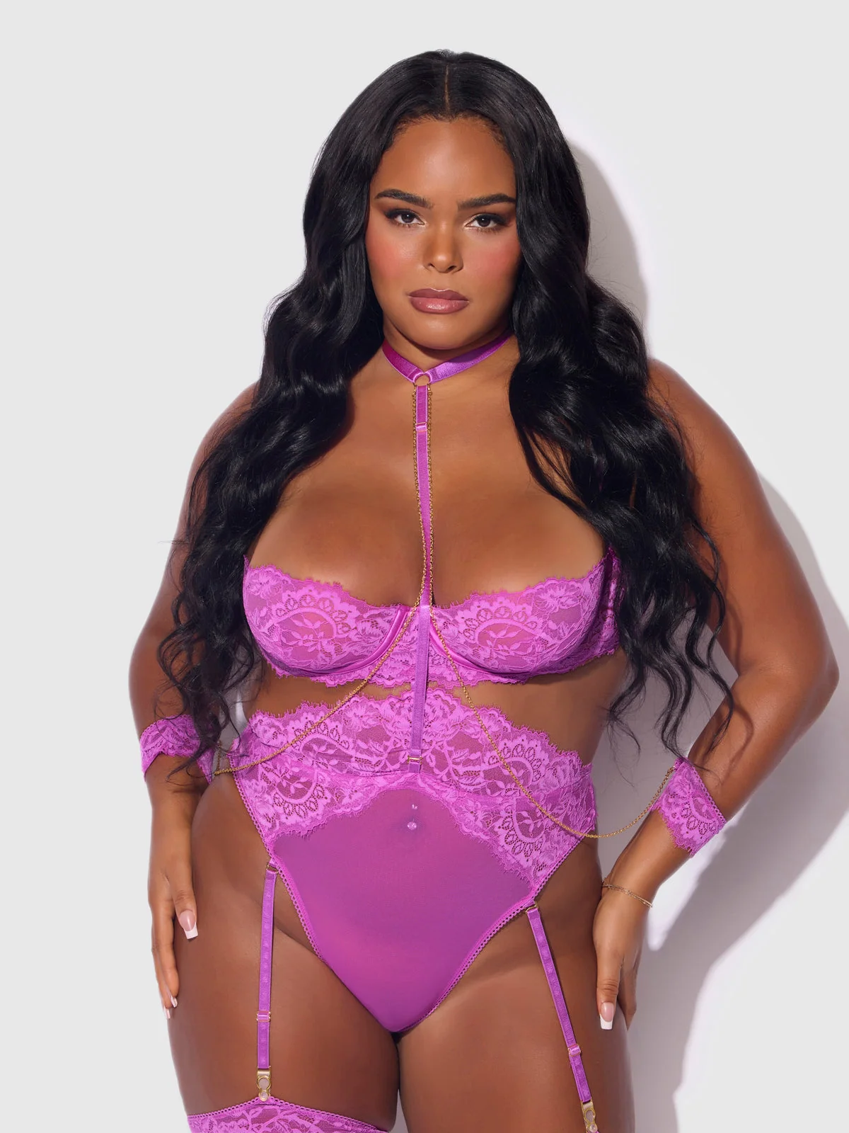 Arianna Fuchsia Teddy with Chain Detail and Thigh Garters