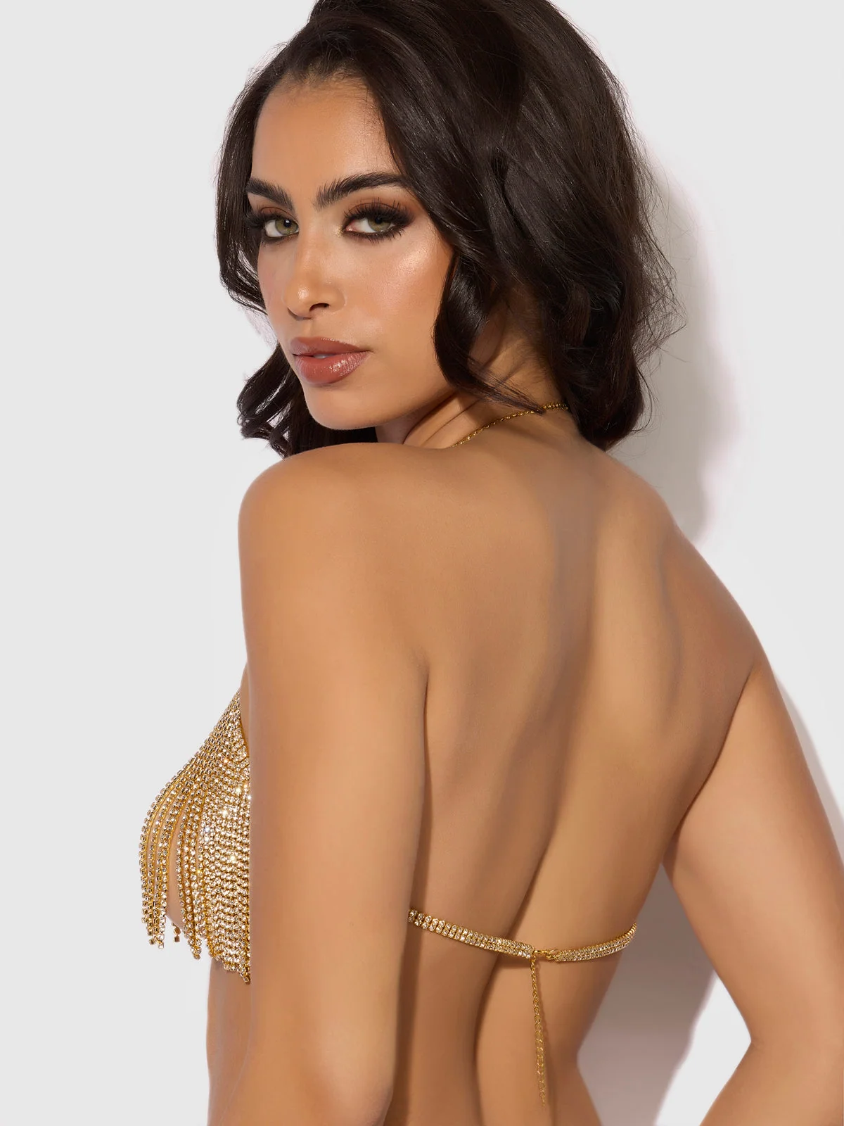 Ziggy Rhinestone Dangle V-Neck Bra in Gold