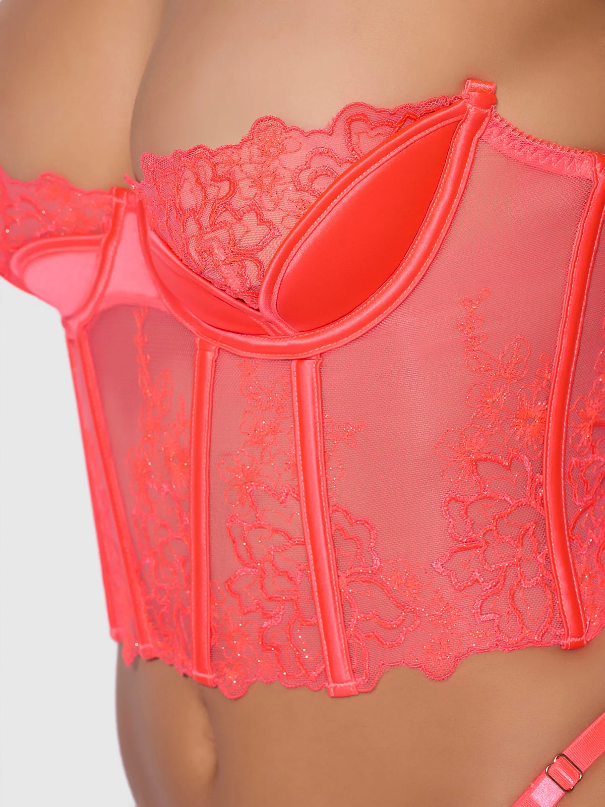 Wren Embroidered Tulip Demi Bustier in Coral