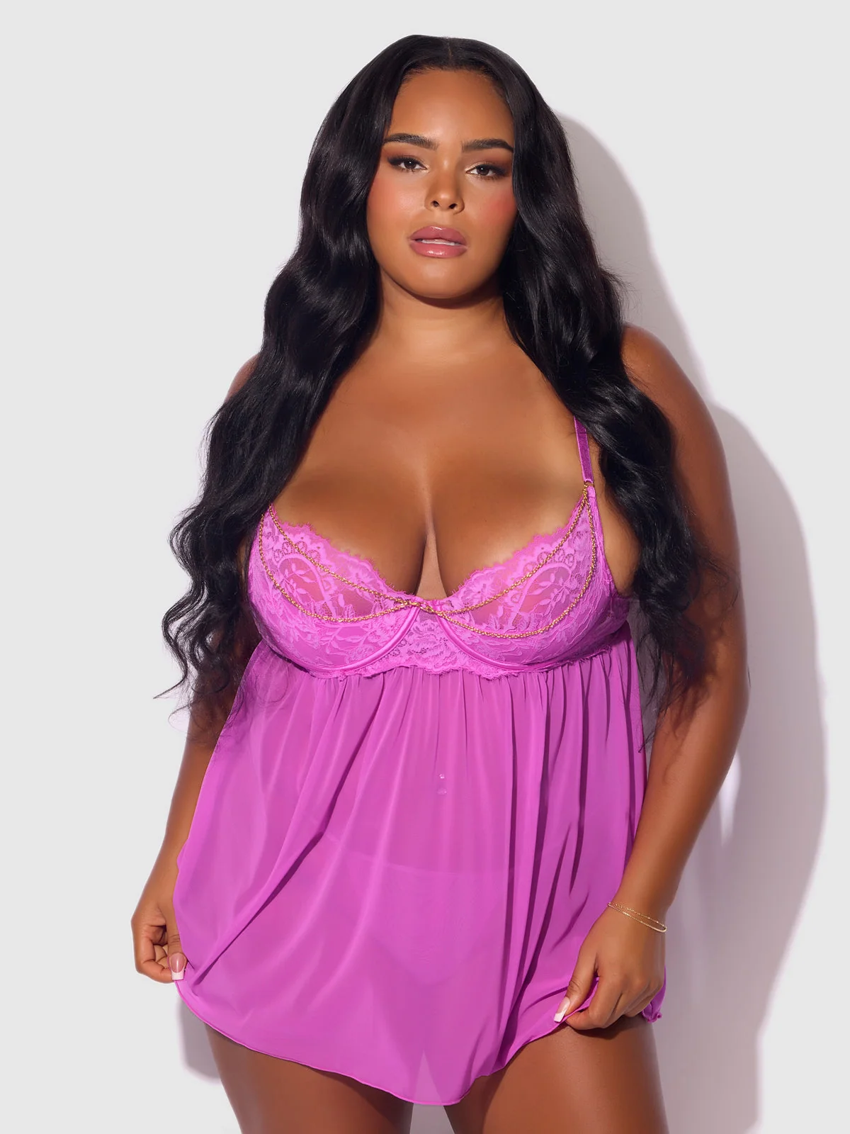 Arianna Lace and Chains Underwire Babydoll Set in Fuchsia Pink