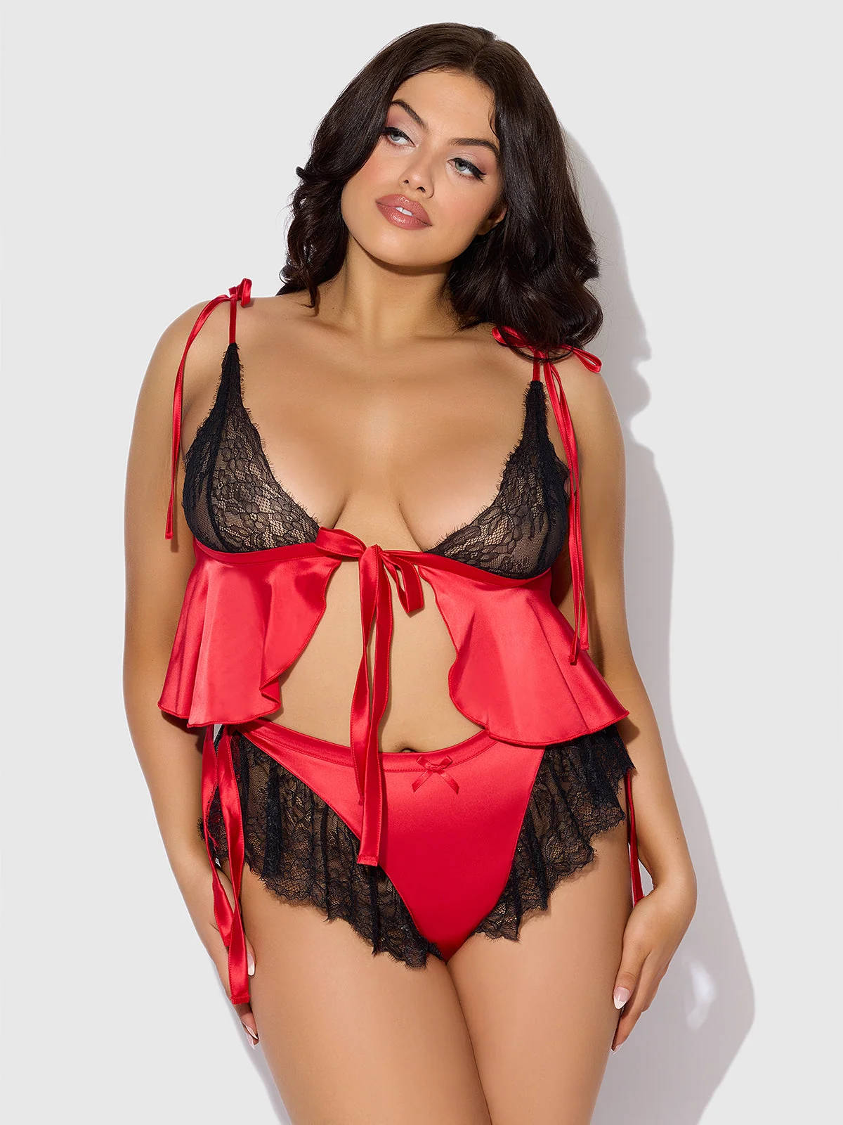 Scarlett Satin Sleep Tie Cami and Shorty Set in Crimson Red and Black
