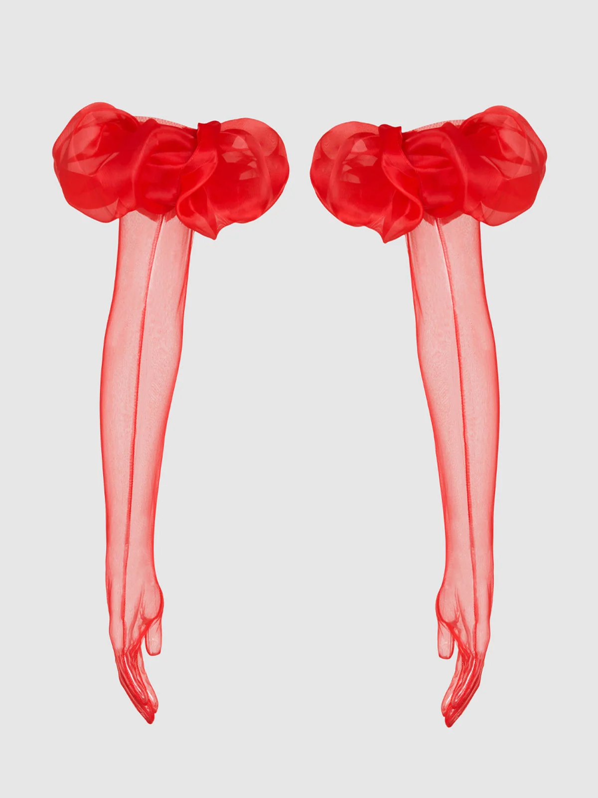 Chiffon Long Glove With Puff Detail in Crimson Red