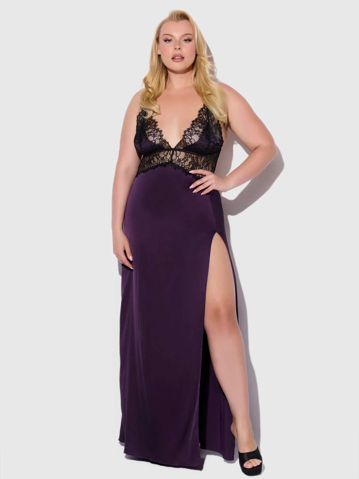 Rosalind Satin & Lace Long High Slit Gown in Purple Black