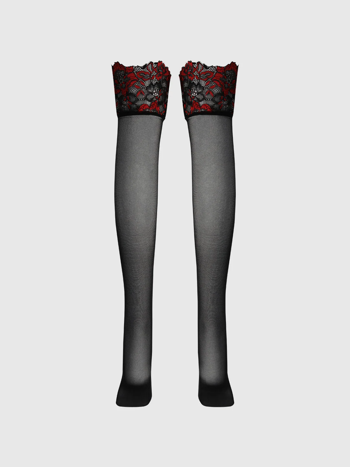Glossy Cross Dye Lace Top Sheer Stay Up Thigh Highs in Black Crimson Red