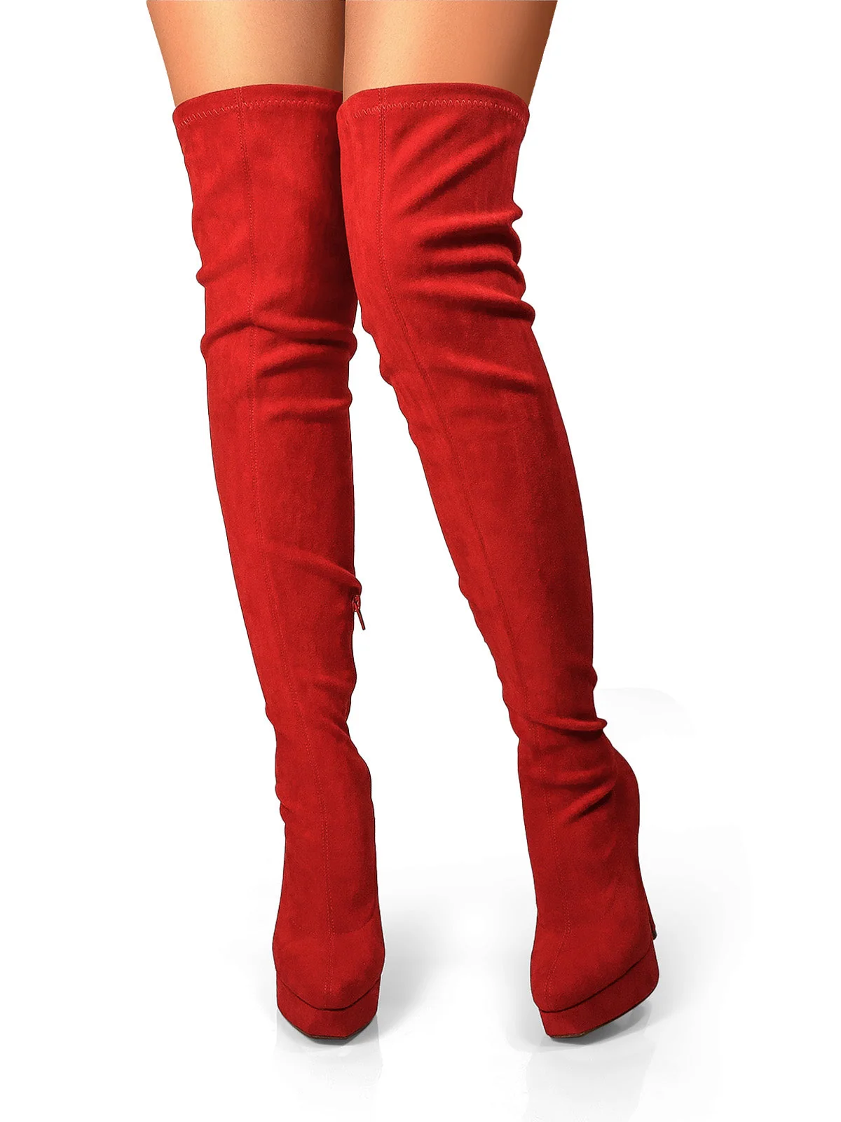 Jadore Stretchy Thigh High Boots in Red Suede