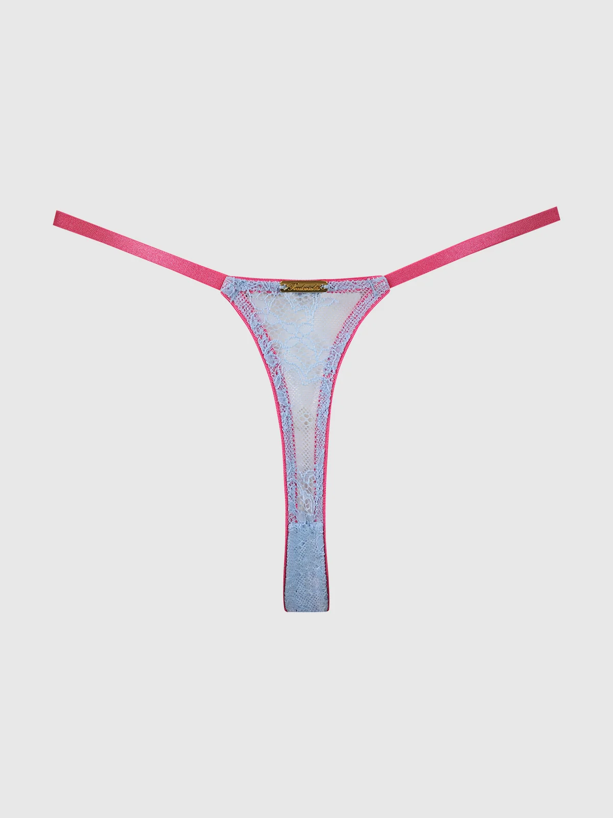 Pia Lace Crotchless Side Slider Thong, Sky Blue and Fuchsia