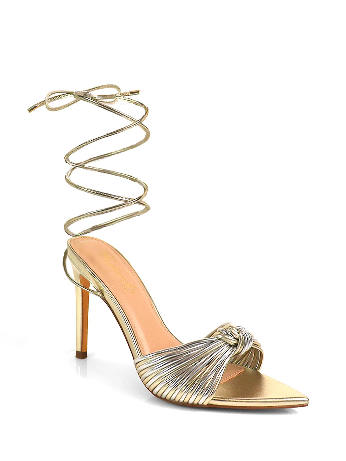 Jadelyn Single-Knot Strappy Stiletto Sandal in Gold