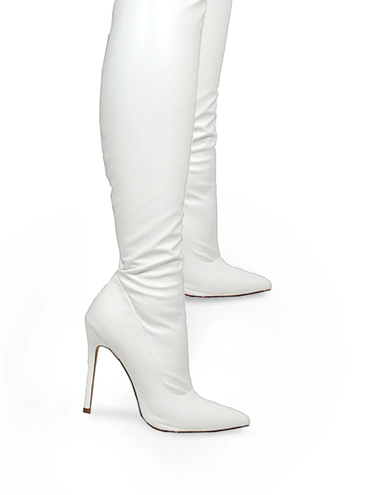 Gisele Stretchy Over-the-Knee Heeled Boots in White with Pointed Toe