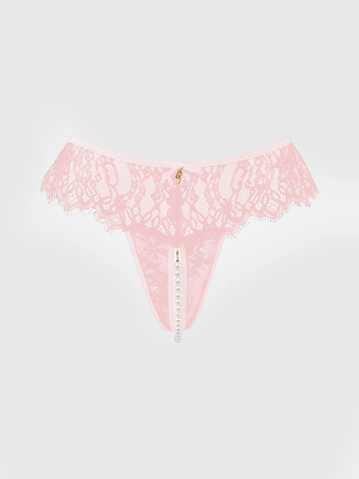 Rosalind Lace and Pearl Crotchless Thong in Light Pink