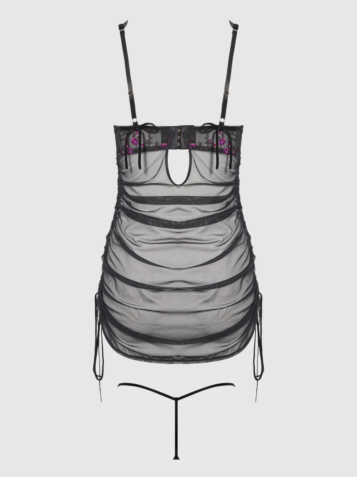 Harlow Embroidered Stretch Mesh Chemise in Black and Pink Dragon