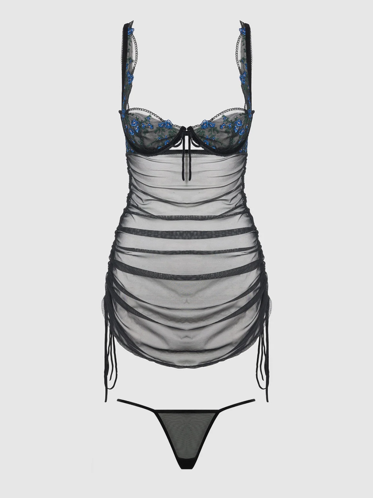 Harlow 刺绣弹力网纱 Chemise 黑色和蓝色