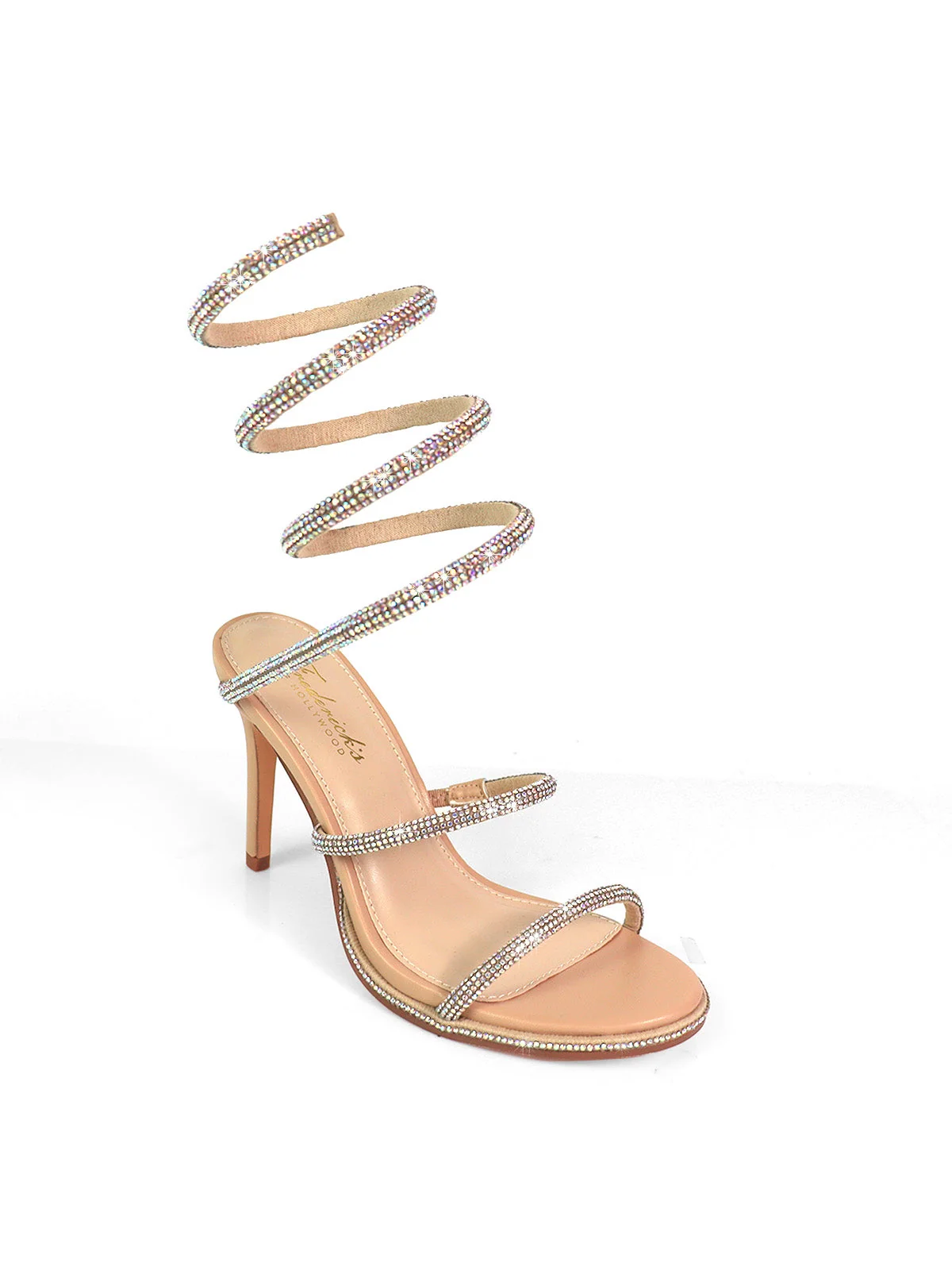 Lexia Rhinestone Heel With Spiral Straps in Nude