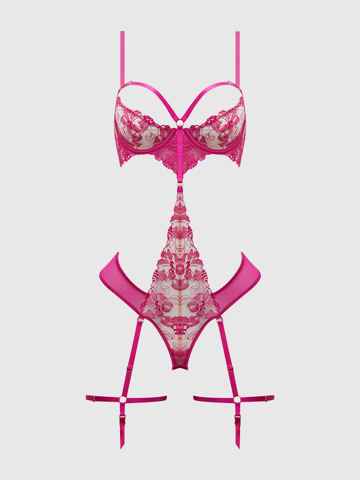 Venus Lace Strappy Teddy with Thigh Garters in Pink Dragon