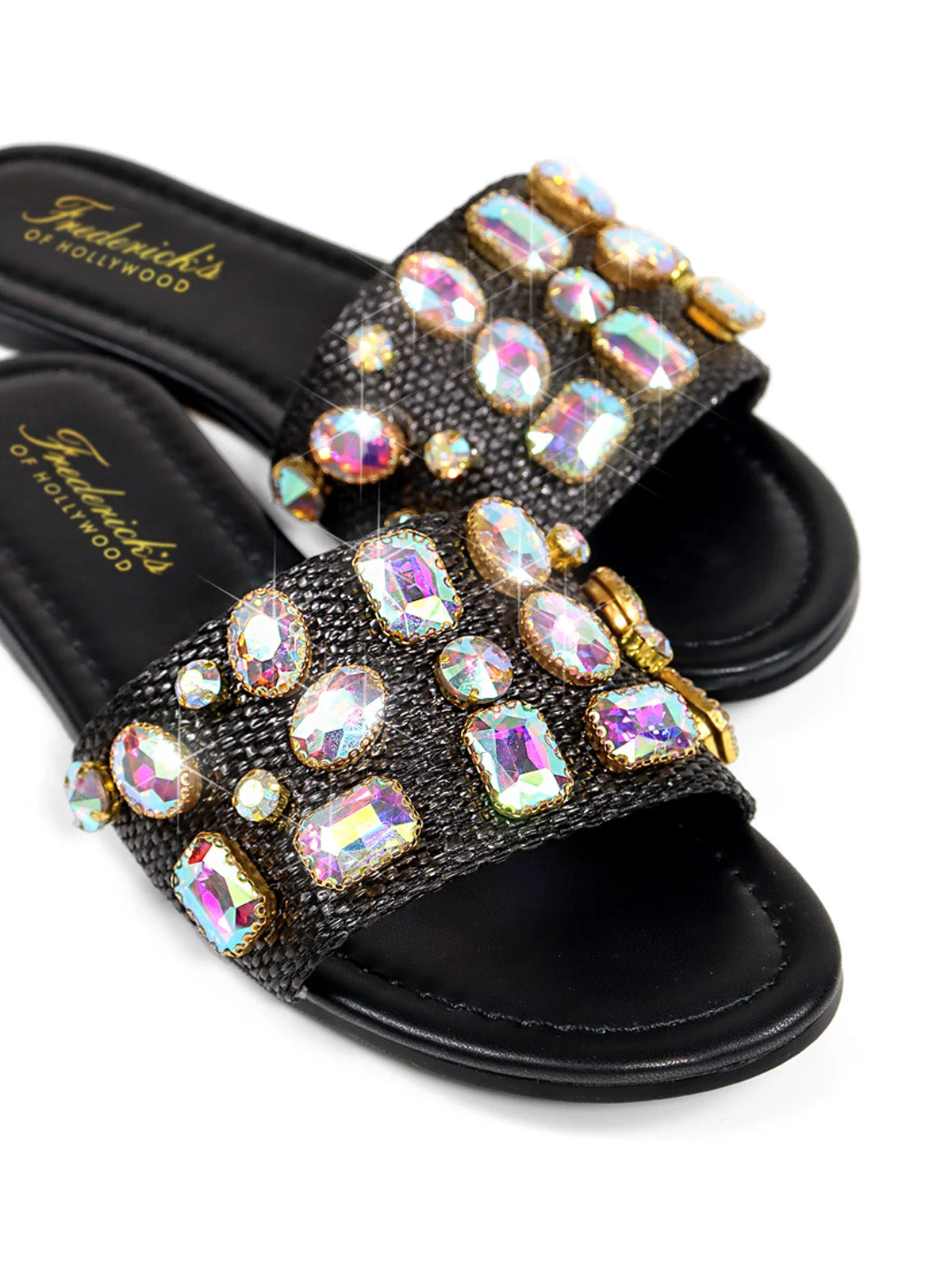 Delilah Flat Sandal with Rhinestones and Raffia Texture