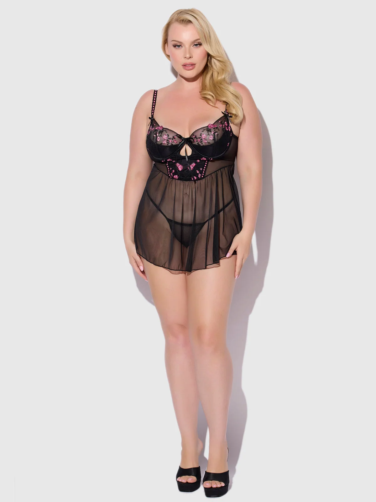 Harlow Embroidered Mesh Longline Babydoll in Black Pink Dragon