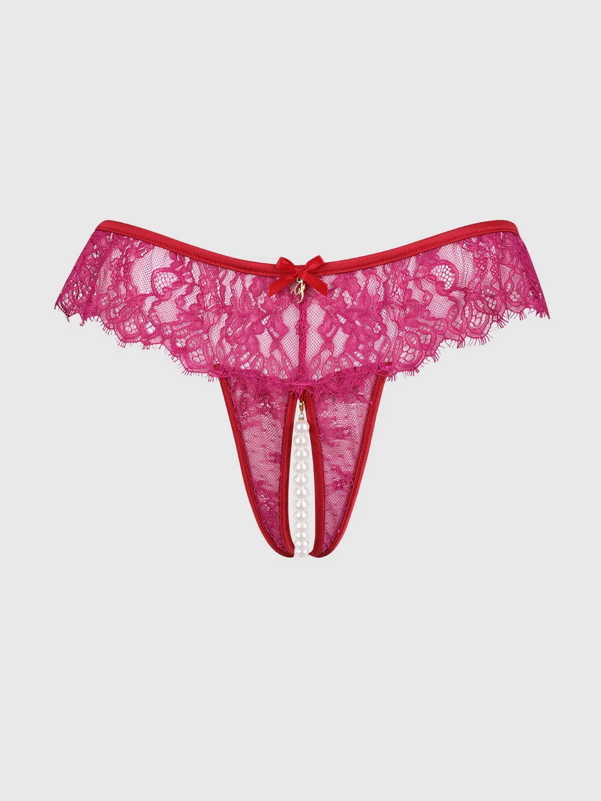 Rosalind Lace & Pearl Crotchless Thong in Crimson Red Raspberry