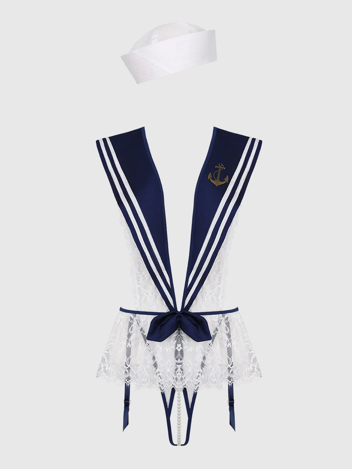 High Tied Sailor Crotchless Teddy With Hat in Navy and White