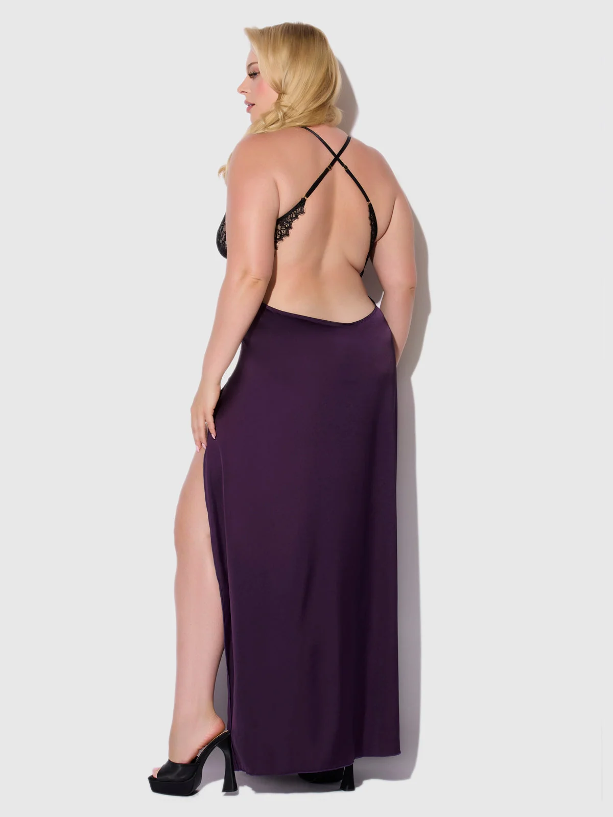 Rosalind Satin & Lace Long High Slit Gown in Purple Black