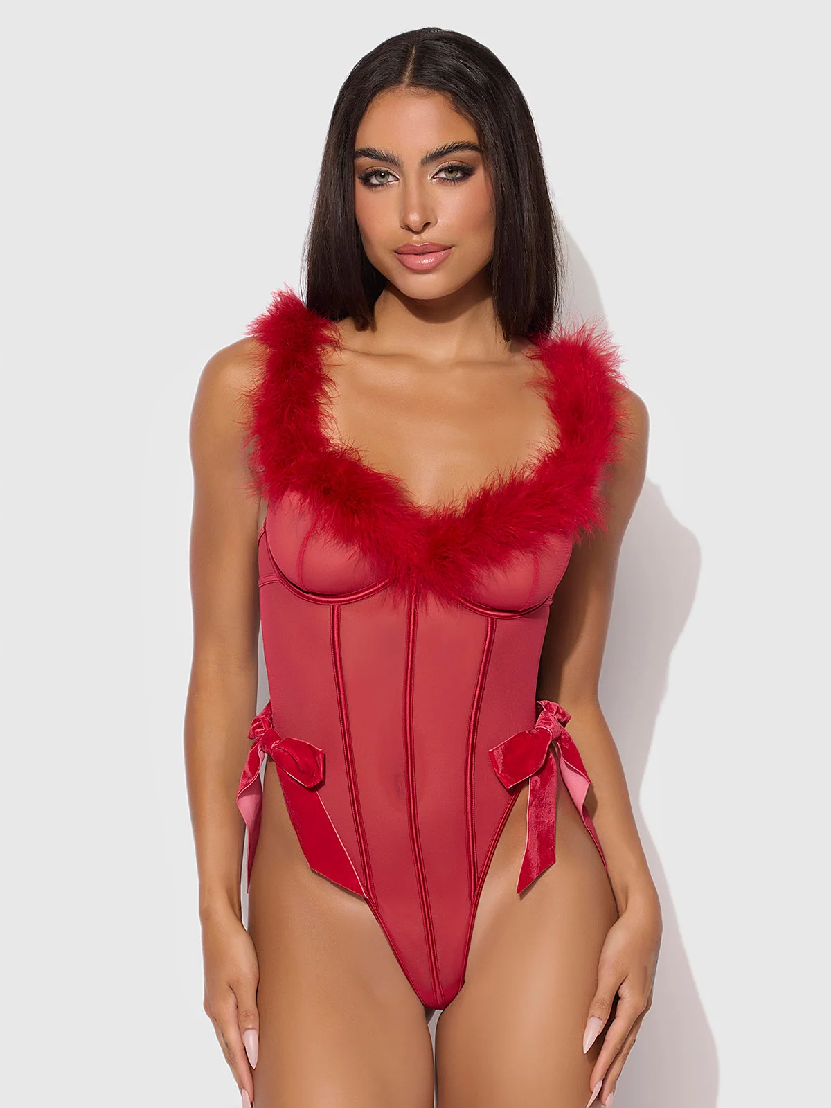 Scarlett Marabou & Mesh Teddy in Crimson Red