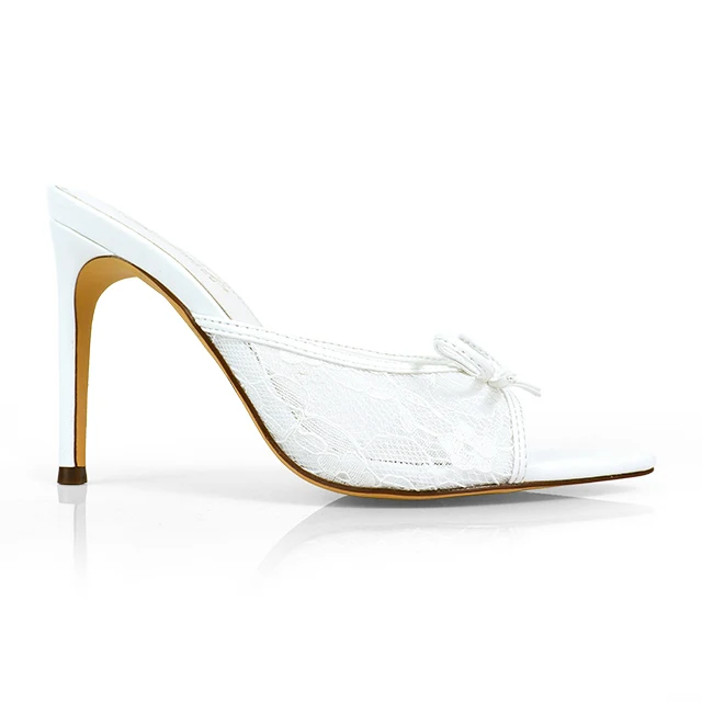 Lacey Pointed Toe Heels in White with Lace and Bow