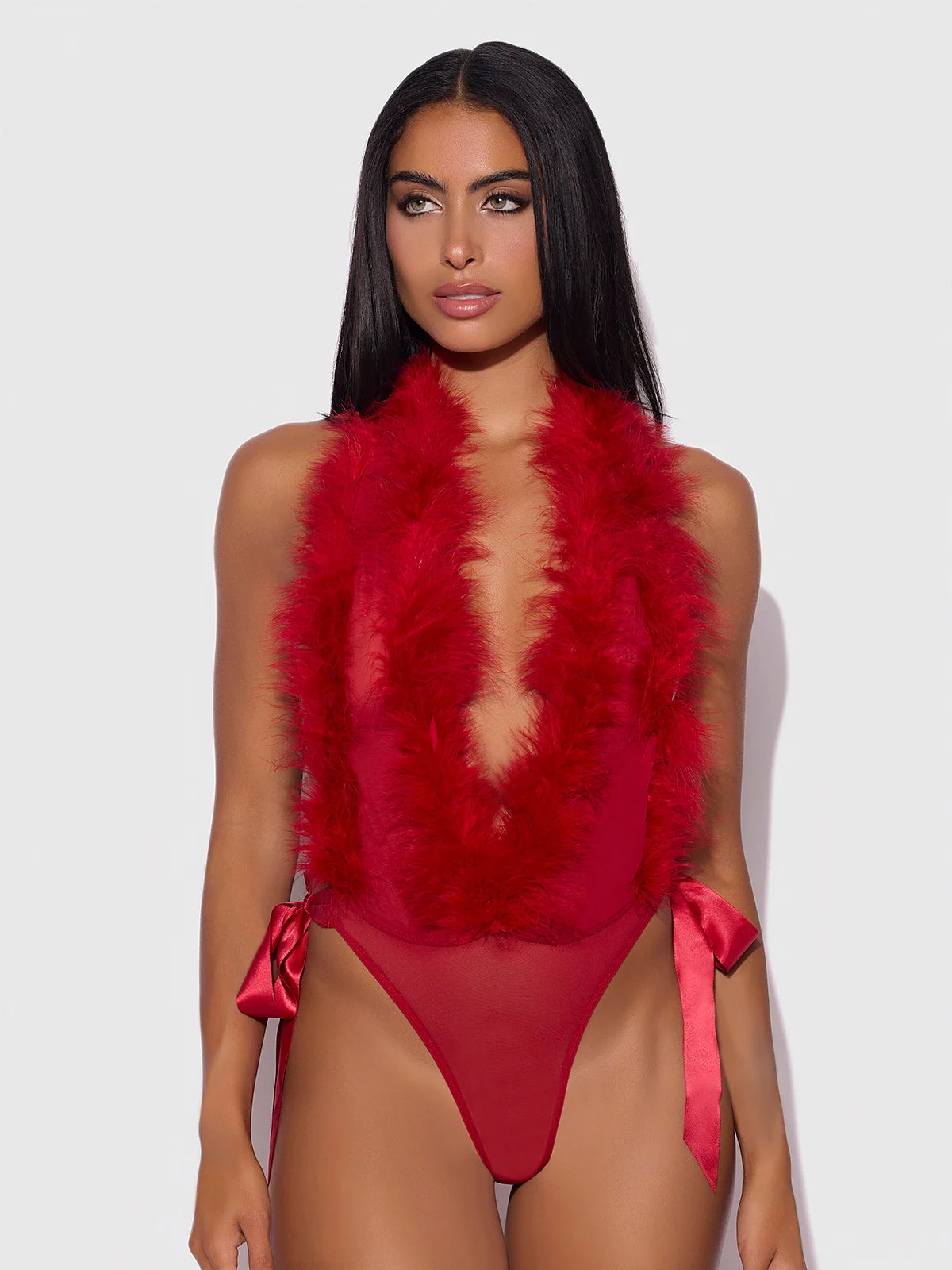 Scarlett Plunging Drop-Off Marabou Teddy in Crimson Red