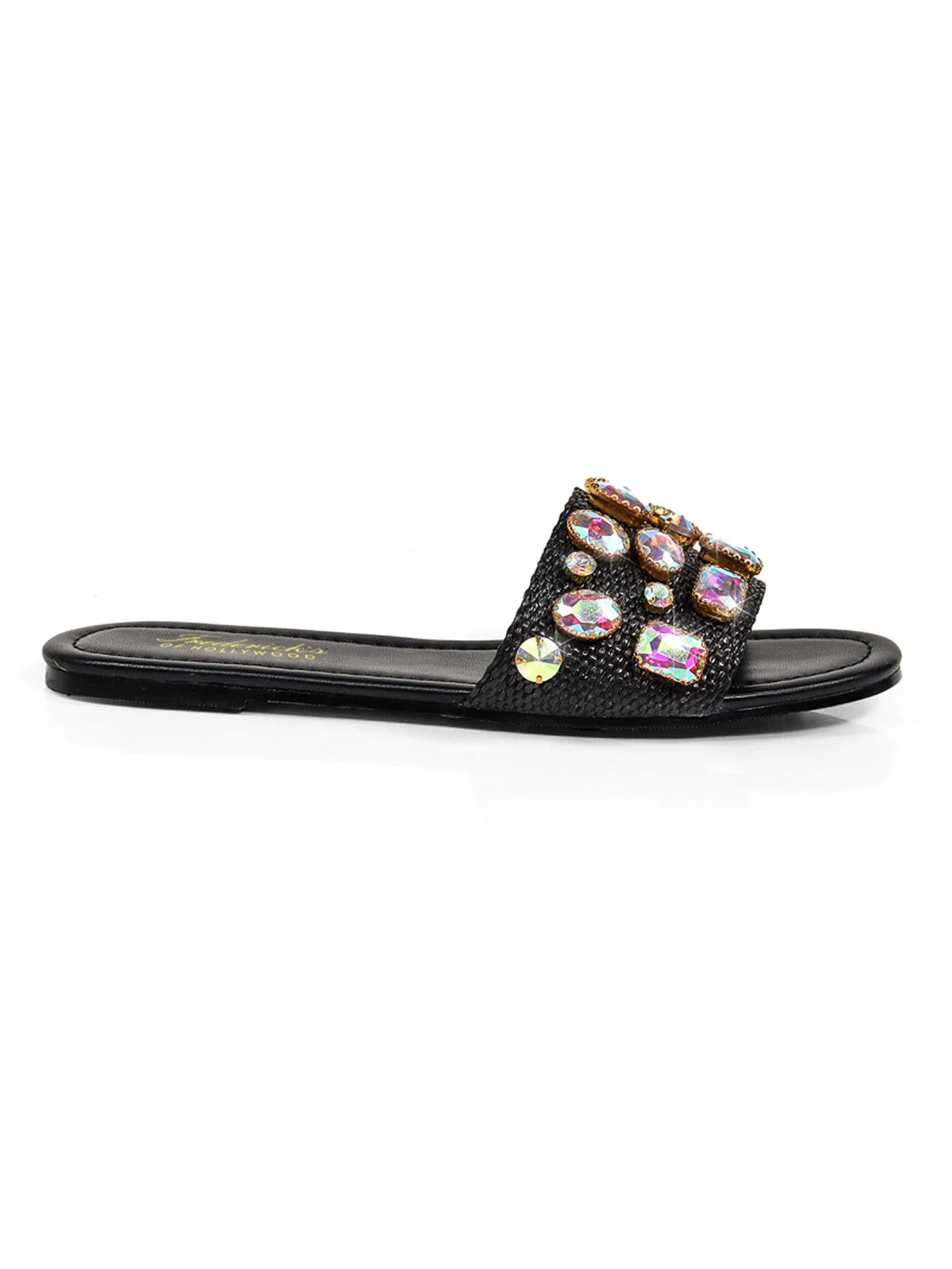 Delilah Flat Sandal with Rhinestones and Raffia Texture