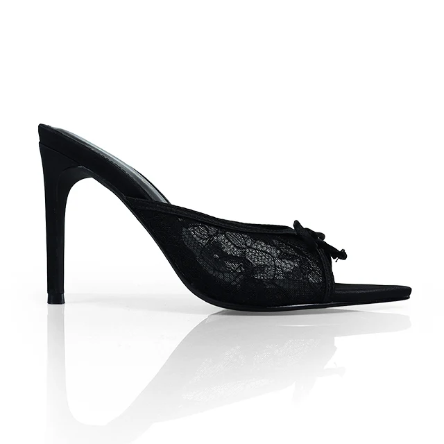 Lacey Pointed Toe Lace Bow Heels in Black