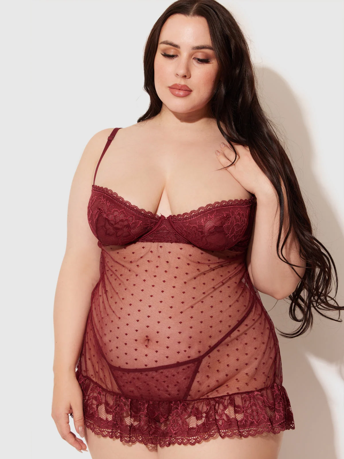 Riley Lace Babydoll Set with Swiss Dot Mesh and Matching Thong