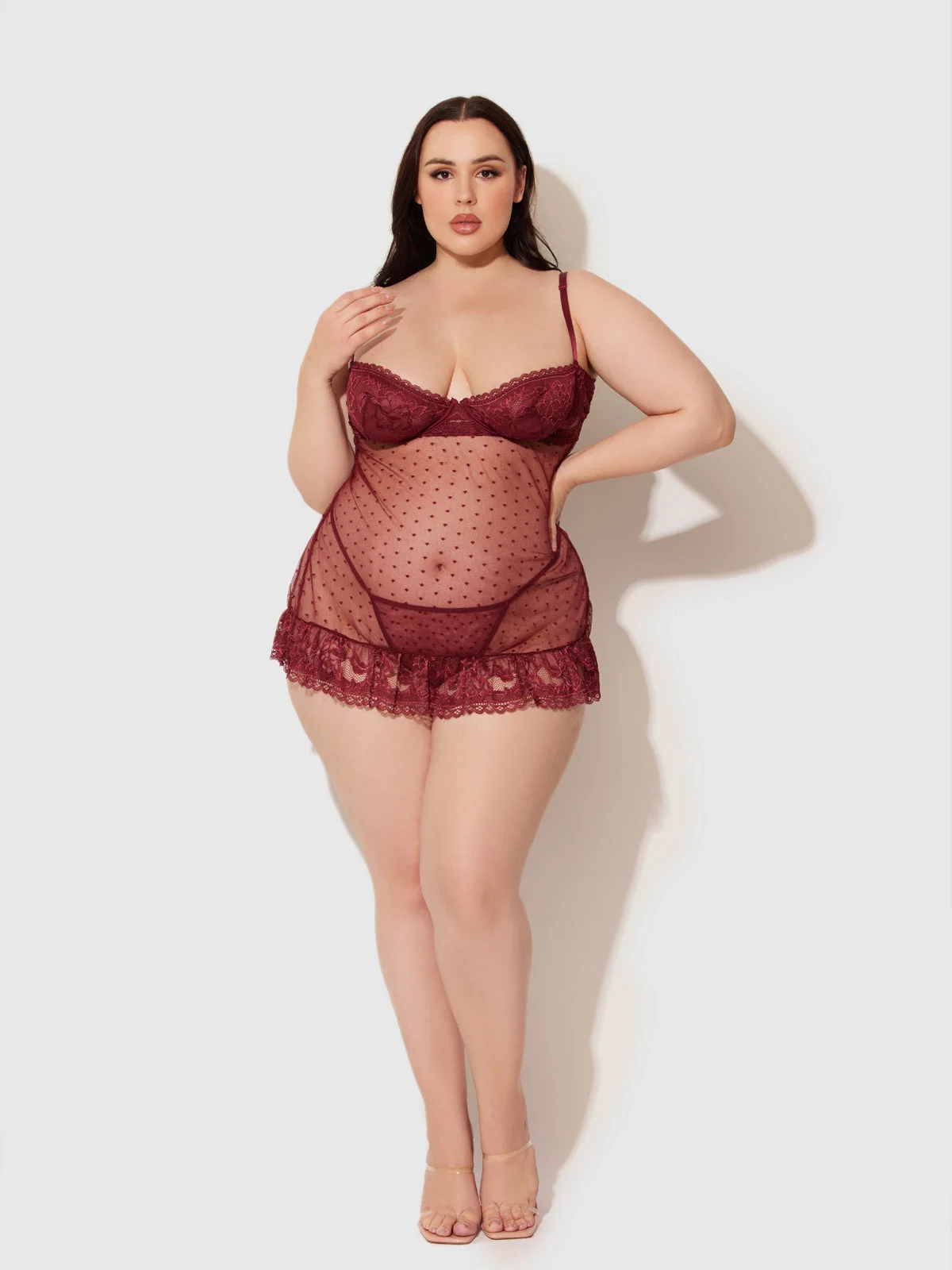 Riley Lace Babydoll Set with Swiss Dot Mesh and Matching Thong