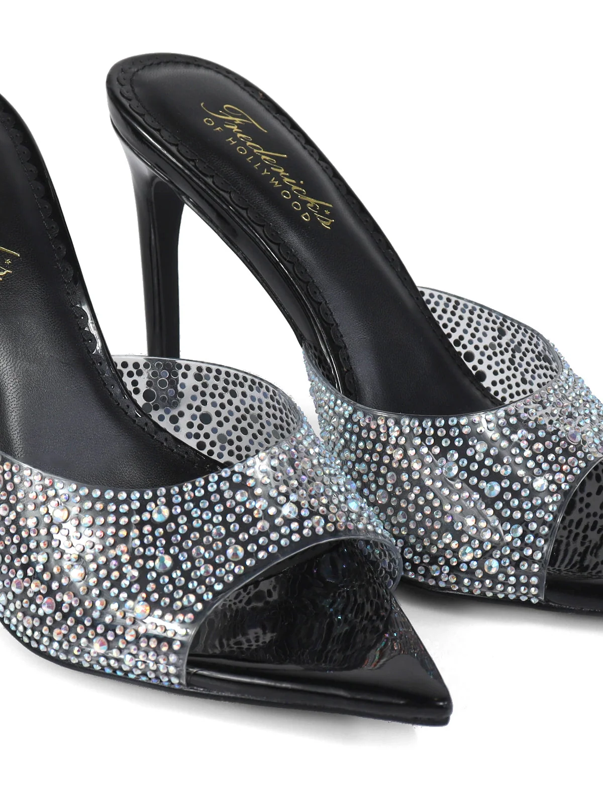 Nora Mule Black Satin Pointed-Toe Rhinestone Heels