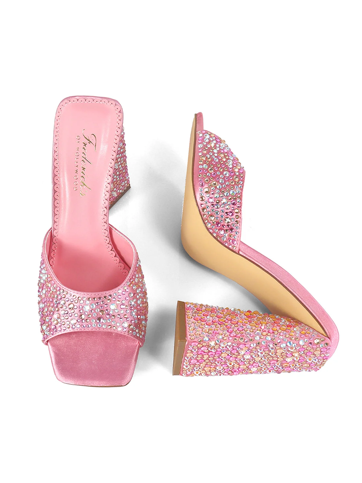 Darlene Mule Pink Satin Rhinestone Heels