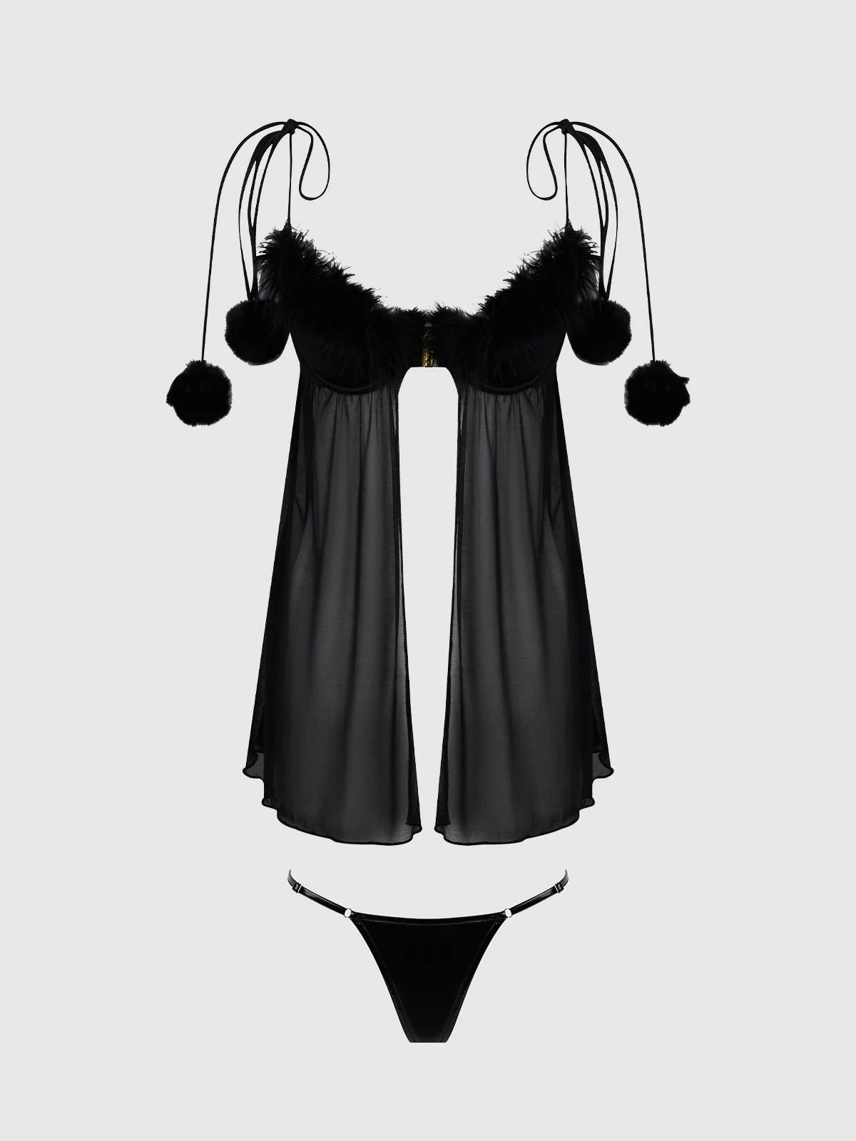 Scarlett Drop Off Open Front Marabou Babydoll and G-String in Black