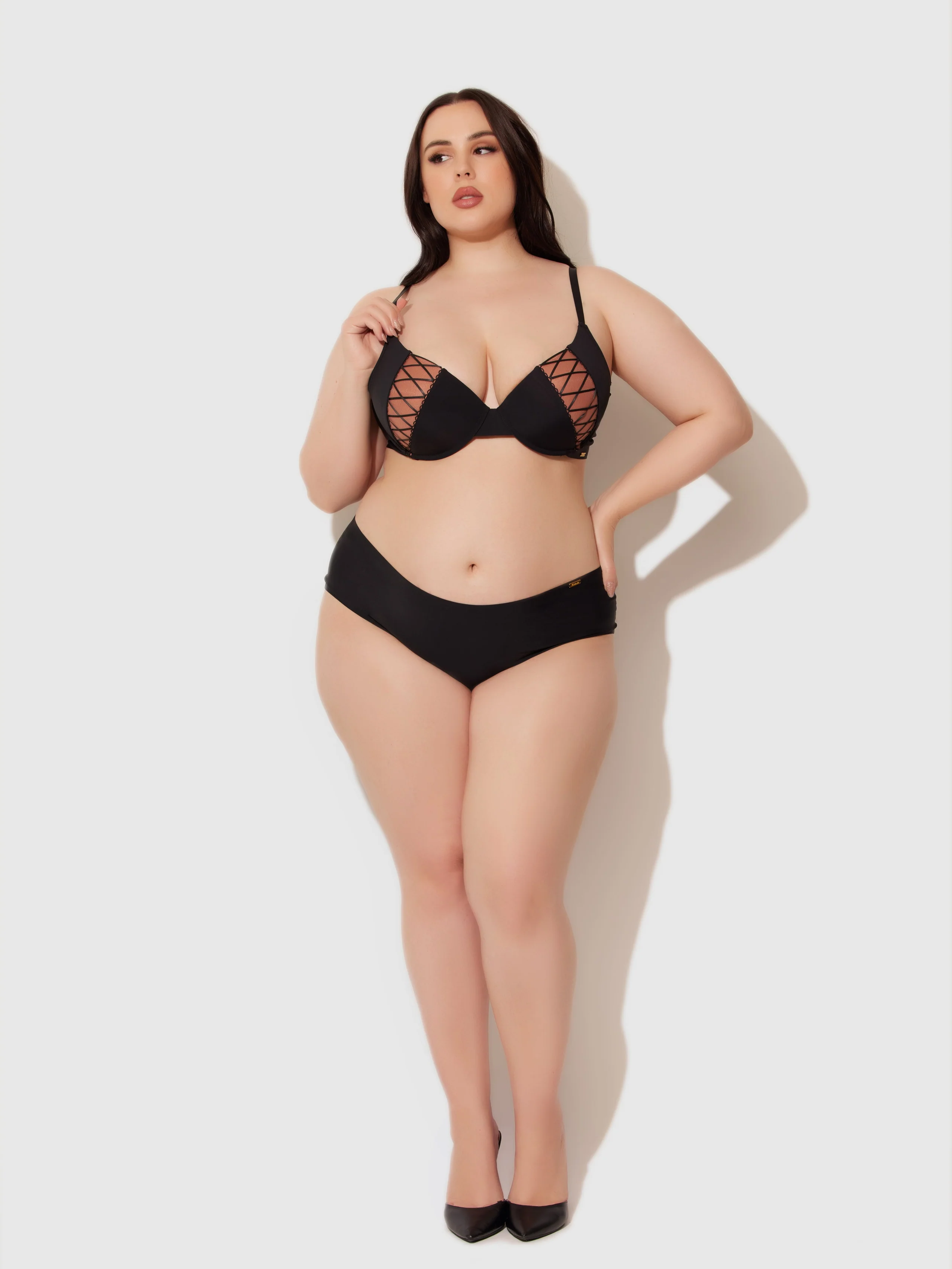 Natalia Micro Lace Up Plunge Push Up Bra in Black and Mocha